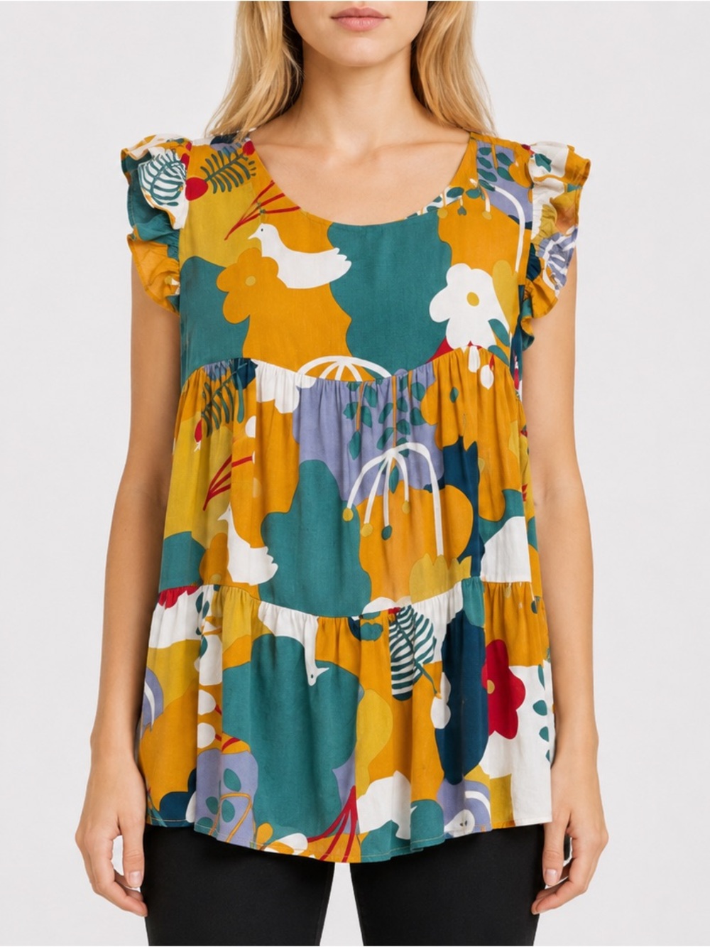 First Love by Lovelyn Colorful Floral Doves Tunic Top Blouse Size Medium